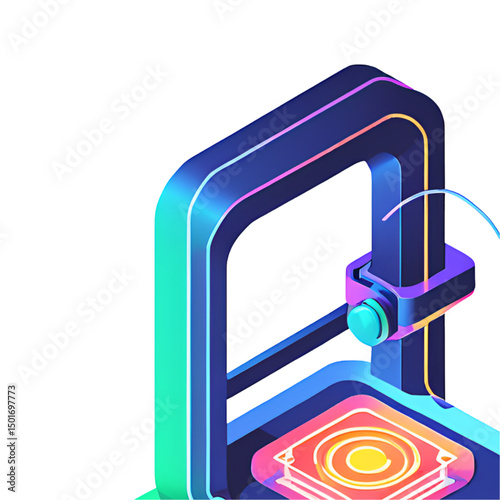 3D printer icon in isometric view, neon cyan and lavender glow, transparent frame with visible mechanics