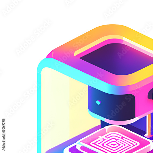 High-tech 3D printer icon in isometric view, neon cyan and lavender glow, transparent frame with visible mechanics, printing floating geometric object with Modern design