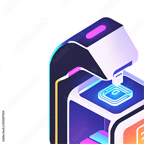 High-tech 3D printer icon in isometric view, neon cyan and lavender glow, transparent frame with visible mechanics, printing floating geometric object with Modern design