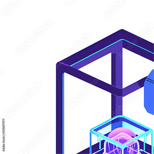 High-tech 3D printer icon in isometric view, neon cyan and lavender glow, transparent frame with visible mechanics, printing floating geometric object with Modern design