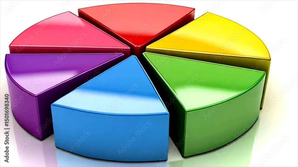 Vibrant, glossy 3D pie chart with seven distinct, colorful sections against a white backdrop offers a visual representation of data