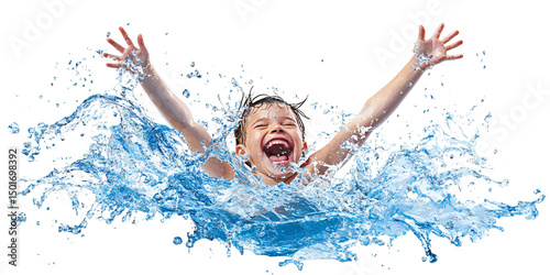 Excited Caucasian boy splashing in water with arms raised on a transparent background Concept of summer fun, childhood joy, and refreshing aquatic activity