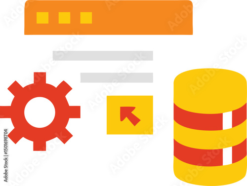 Data processing illustration depicting database integration and data transfer with gears and icons