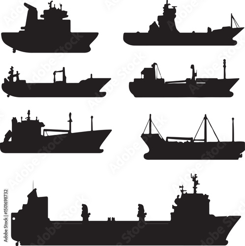 Silhouette Vector Illustration of Cargo Ships: Black and White Graphic Design of Commercial Vessels for Maritime Industry Use