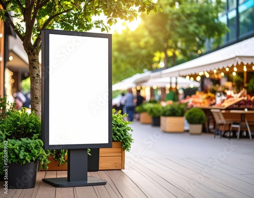 Blank advertising billboard stands near a bustling outdoor market at sunset