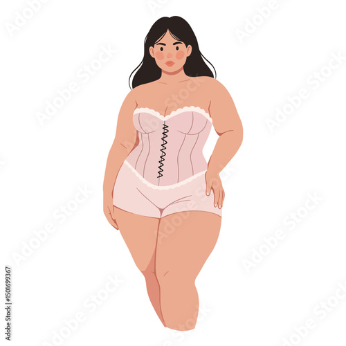 Plus size girl in corset standing confidently in a stylish pose  