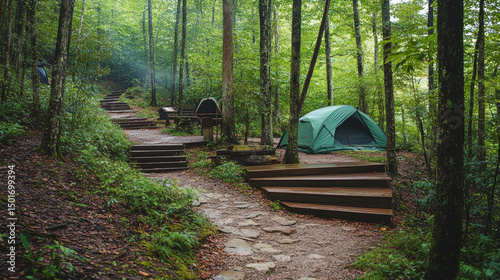 Wooden steps lead to a campsite in the Great Smoky Mountainsâ€™ Cosby Campground, inviting visitors into the forest retreat