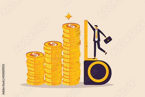 Investment measurement or benchmark, ROI, return on investment, wealth monitoring with financial goal or target concept, businessman investor using measuring tape to measure money coins stack height.