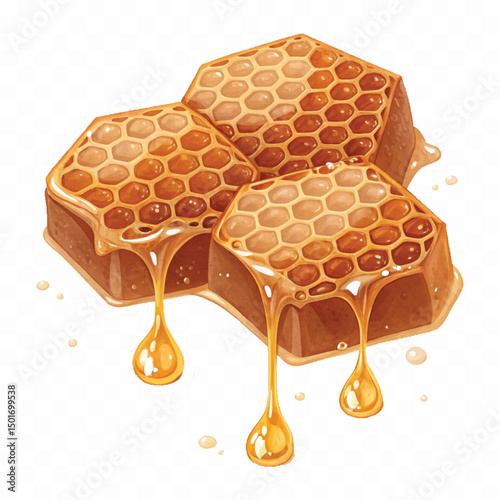 realistic fresh liquid honey dripping from a honeycomb isolated on a transparent background 