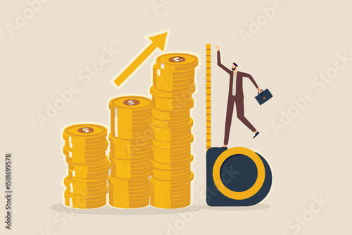 Investment measurement or benchmark, ROI, return on investment, wealth monitoring with financial goal or target concept, businessman investor using measuring tape to measure money coins stack height.