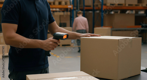 Wallpaper Mural A realistic warehouse delivery scene featuring a worker in a navy shirt scanning a beige cardboard box, with detailed textures, soft shadows, and a second person in a light pink shirt. Torontodigital.ca