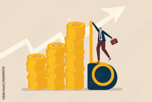 Investment measurement or benchmark, ROI, return on investment, wealth monitoring with financial goal or target concept, businessman investor using measuring tape to measure money coins stack height.