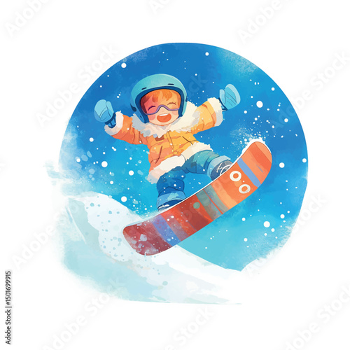 Snowboarder joyfully shredding fresh powder on a snowy slope in a bright winter landscape