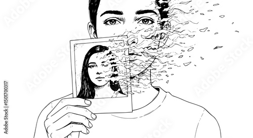 Disintegrating Identity A Person Holding a Photo of a Woman Their Face Fragmenting