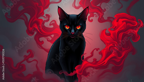 A cute black cat illustration on a red background, 