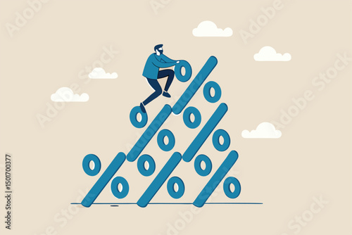 financial growth profit, sale or discount, interest rate or inflation percentage concept, businessman climbing to the top pile of percentage signs metaphor of increasing in percent.