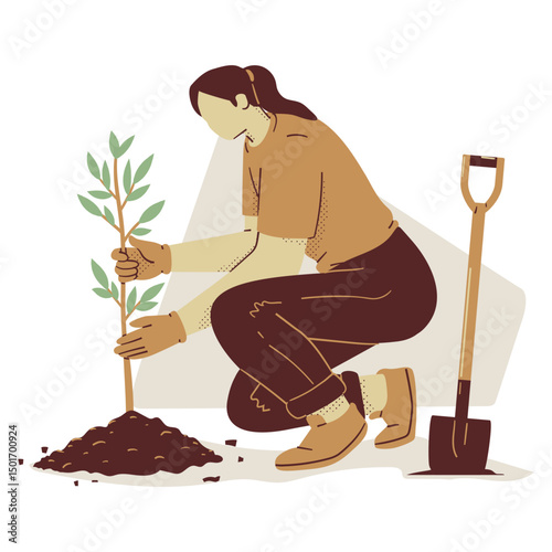 Person Plants Tree for Ecological Restoration Concept