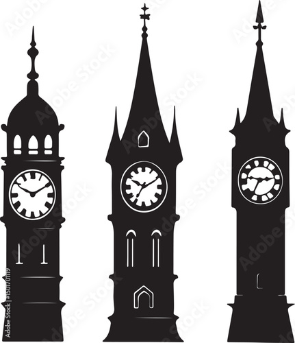 Silhouette of Three Clock Towers: Vintage Vector Illustration of Architectural Landmarks & Timekeeping Symbols in Black and White