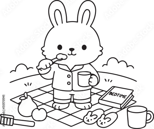 Cute bunny in pajamas brushes teeth at bedtime picnic with slippers and book.
