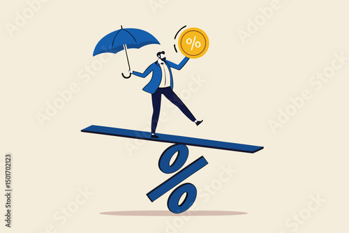 Central bank money policy for inflation or interest rate, balance between profit and loss, financial challenge or risk, economic recover concept, businessman leader balance himself on percentage sign.