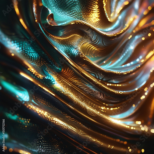 Abstract artistic representation of fluid metallic forms with gradients and lights