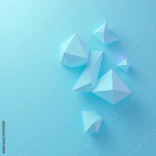 Abstract composition of floating geometric 3d shapes in shades of pastel blue