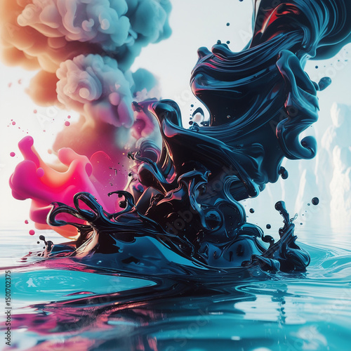 Abstract fluid art splash illustration with vibrant colors and water reflection