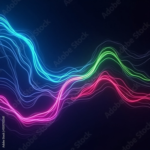 Abstract neon lines glowing in various colors on a dark blue background
