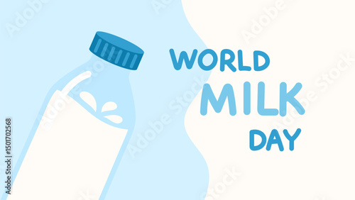 World milk day poster background. Bottle of milk on a blue background.
