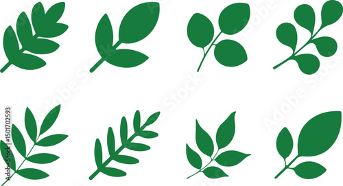 Green Leaves Silhouette Set, Botanical Foliage Elements on Transparent Background