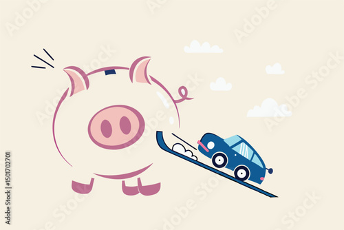 Saving money for new car, automobile expense and cost or car loan concept, wealthy piggybank open container loading deliver new car to new owner.