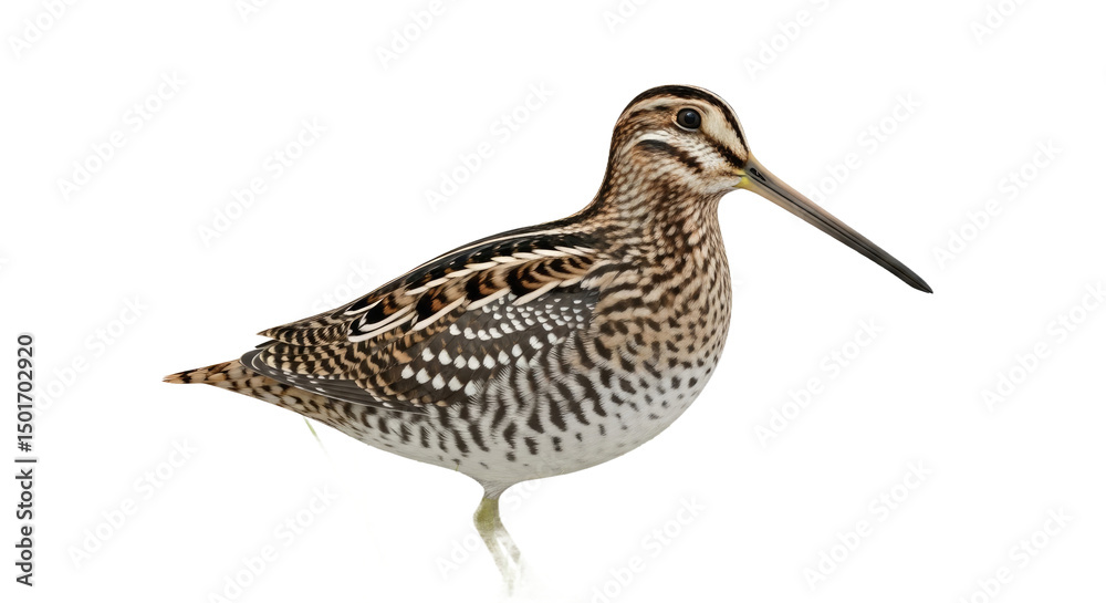 Obraz premium Natural image of a snipe bird, likely a wild marsh species, on a transparent PNG background. Ideal for wildlife compositions, birdwatching, or nature themes.