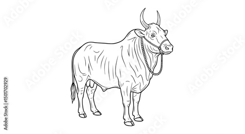Detailed Line Art Illustration of a Bull Wearing a Rope Halter