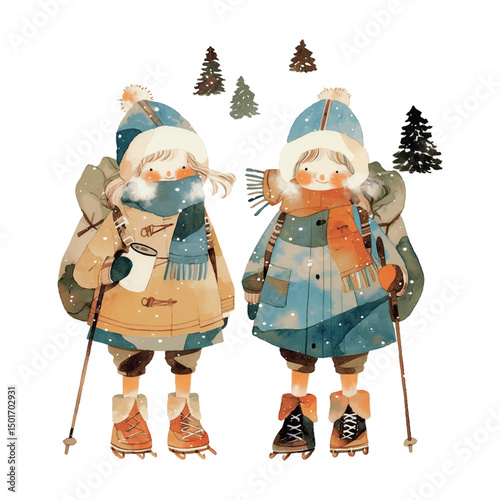 Two children enjoying winter sports in a snowy landscape surrounded by trees, dressed warmly for outdoor activities
