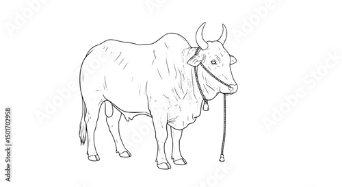 Detailed Line Drawing of a Tethered Zebu Cow