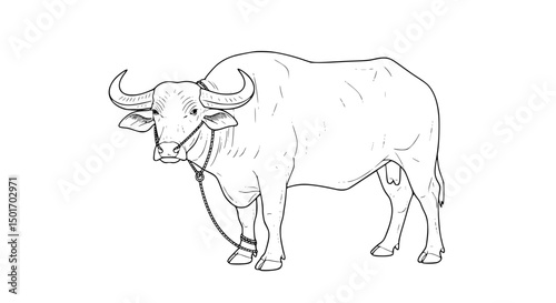 Detailed Line Drawing of a Water Buffalo with Rope Halter