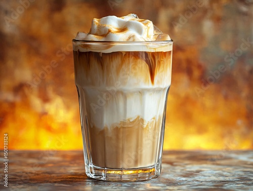 An enticing caramel iced coffee beverage with creamy foam swirls and layers of rich flavors sits temptingly in a clear glass, inviting a cool and refreshing sip. photo