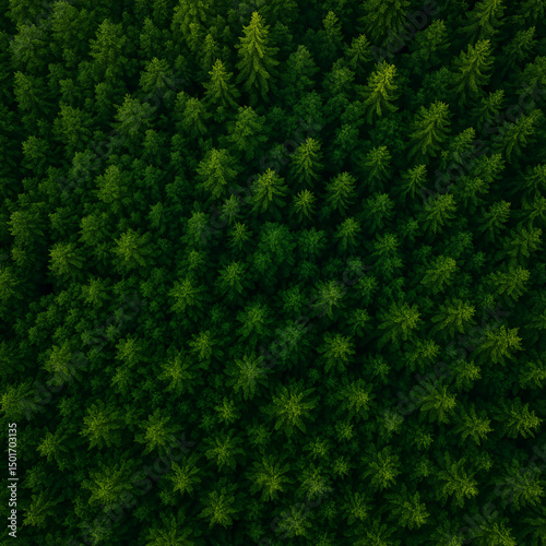 Green pine forest in mountain summer with a view from above.Spring birch groves with beautiful texture.


