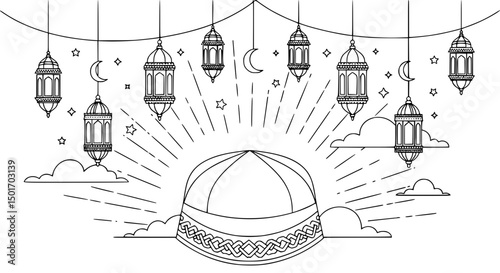 Festive Islamic Taqiyah with Hanging Lanterns and Stars