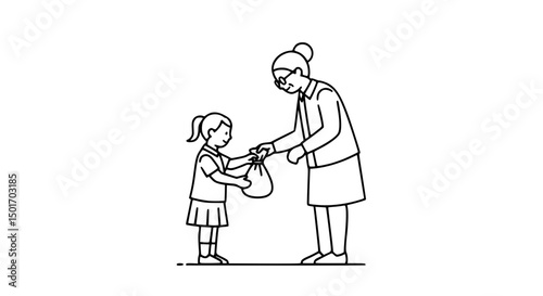 Grandmother Giving a Small Bag to a Girl