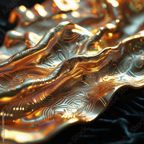 Detailed close up of abstract golden flowing fabric with ornate embossed pattern detail