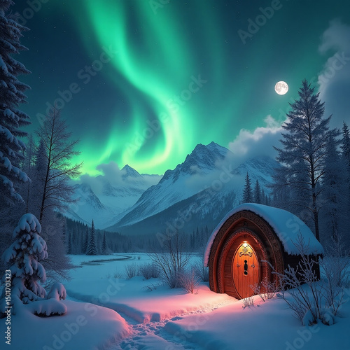 Enchanting winter scene of a cabin beneath the vibrant aurora borealis in a snowy landscape