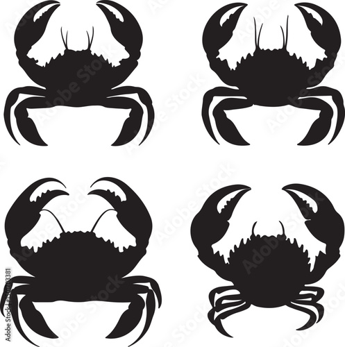 Black and White Crab Silhouette Vector Illustration: Set of Four Crustacean Graphic Designs for Seafood, Marine Life, and Nautical Themes