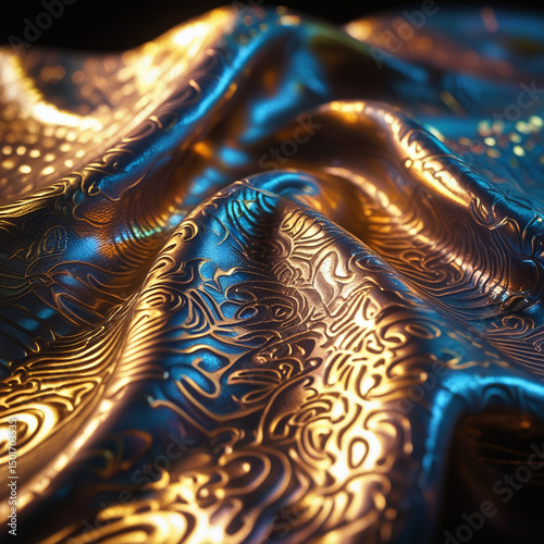 Luxurious fabric texture with intricate patterns and metallic gold and blue color tones