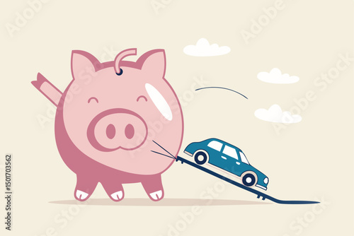 Saving money for new car, automobile expense and cost or car loan concept, wealthy piggybank open container loading deliver new car to new owner.