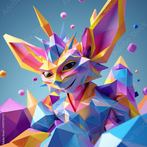 Playful and vibrant low poly character design featuring bright geometric shapes and colors