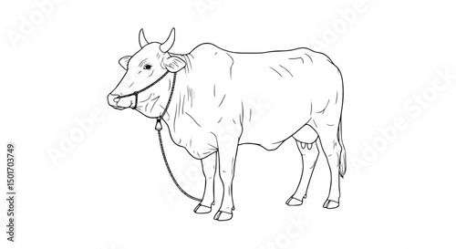Line Art Illustration of a Cow with Halter and Bell