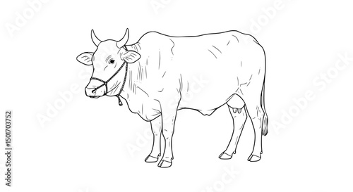 Line Art Illustration of a Cow Wearing a Halter