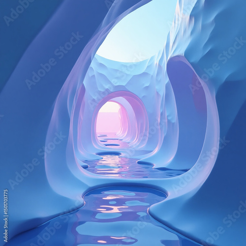 Serene digital rendering of a coastal cave tunnel illuminated by ambient light and reflections