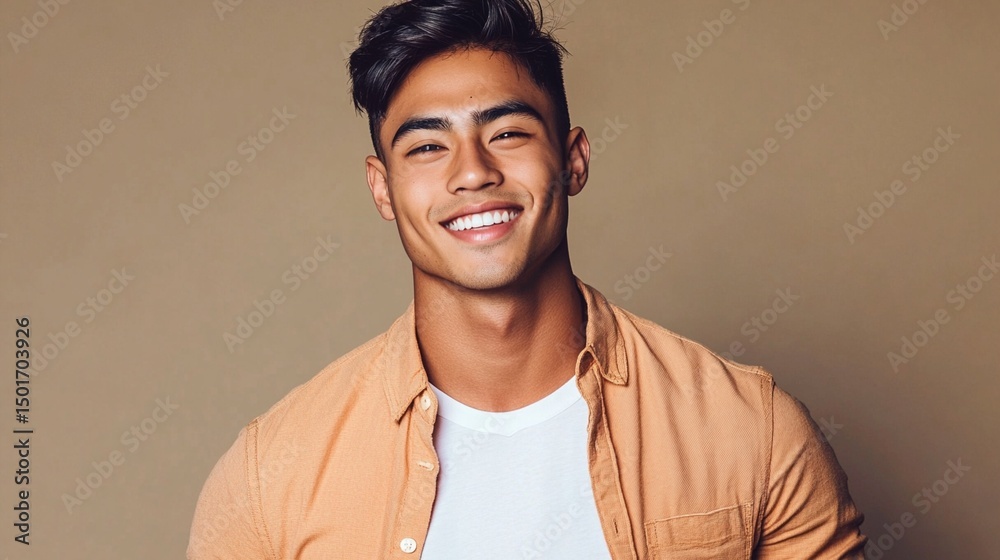 Obraz premium Smiling young man in a casual outfit poses against a neutral background, radiating confidence and charm. Perfect for lifestyle and fashion-related content.